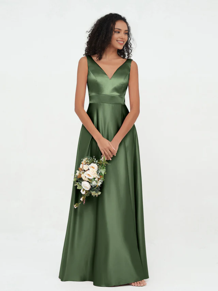 Olive Green Satin V-Neck A-Line Floor-Length Bridesmaid Dress