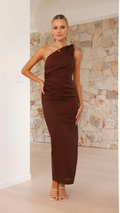 Vestido de fiesta largo Jimiss con un solo hombro, sin mangas, hombros descubiertos, detalle de lazo y abertura lateral