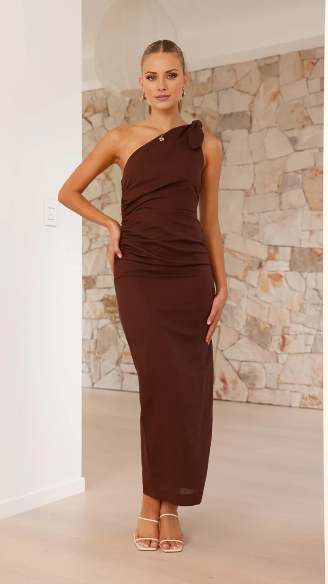 Vestido de fiesta largo Jimiss con un solo hombro, sin mangas, hombros descubiertos, detalle de lazo y abertura lateral