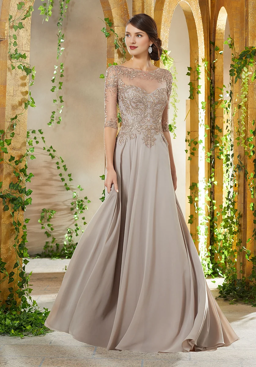 Mocha Chiffon Embroidered Bodice Illusion Sleeves A-Line Floor-Length Evening Dress