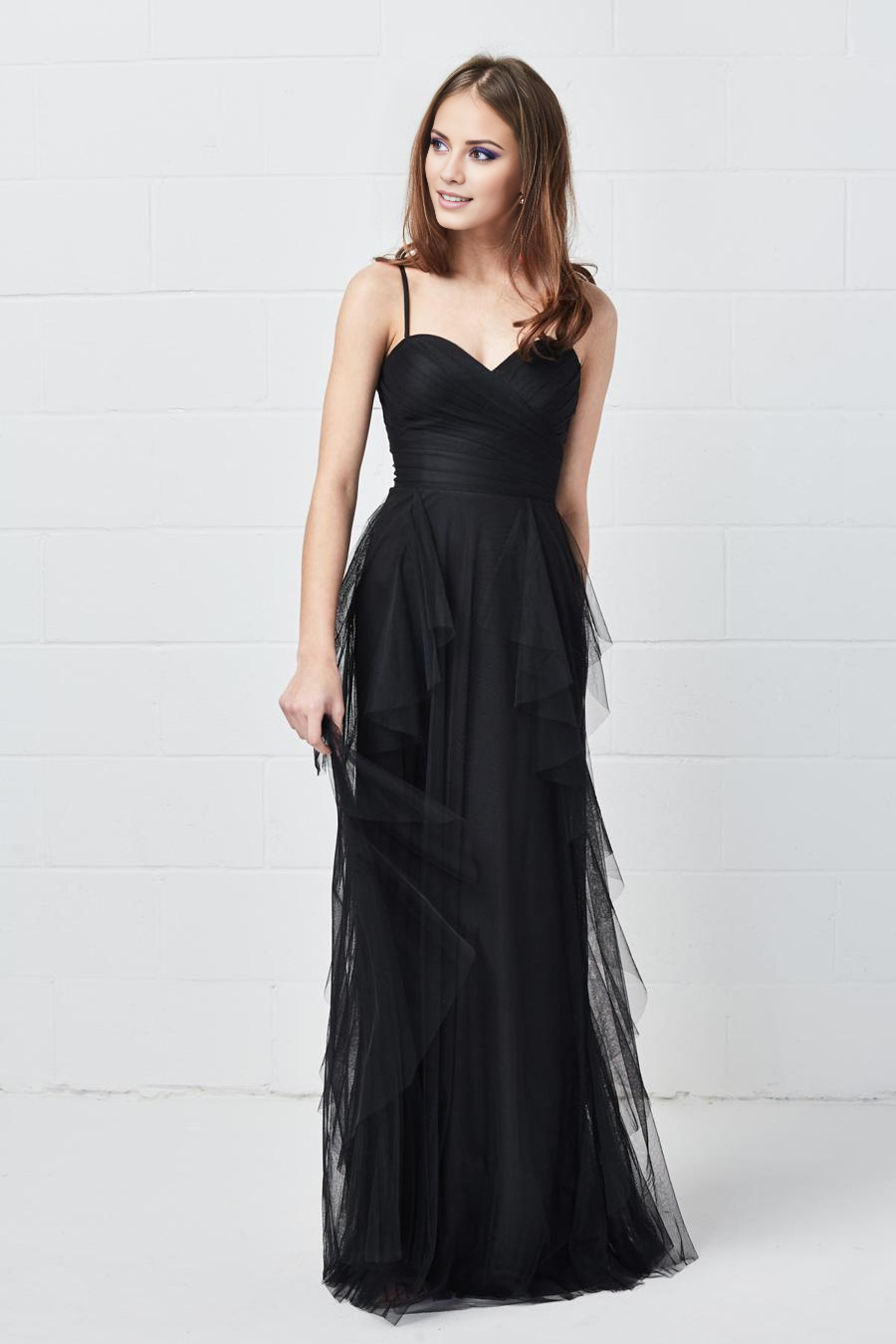 Black Tulle A-Line Floor-Length Evening Dress with Sweetheart Neckline & Ruched Bodice