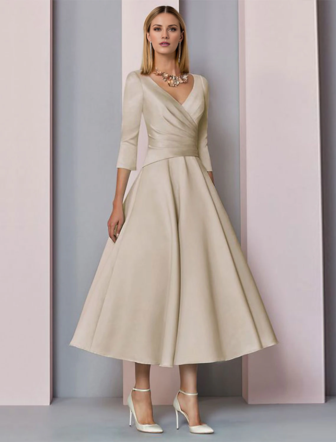 Abito da cerimonia per la madre della sposa, in stile a trapezio, vintage, taglie forti, elegante, formale, da festa, con maniche a 3/4, in raso, scollo a V, lunghezza tè, con pieghe