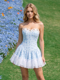 Sky Blue with Floral Print Tulle A-Line Sweetheart Mini Dress