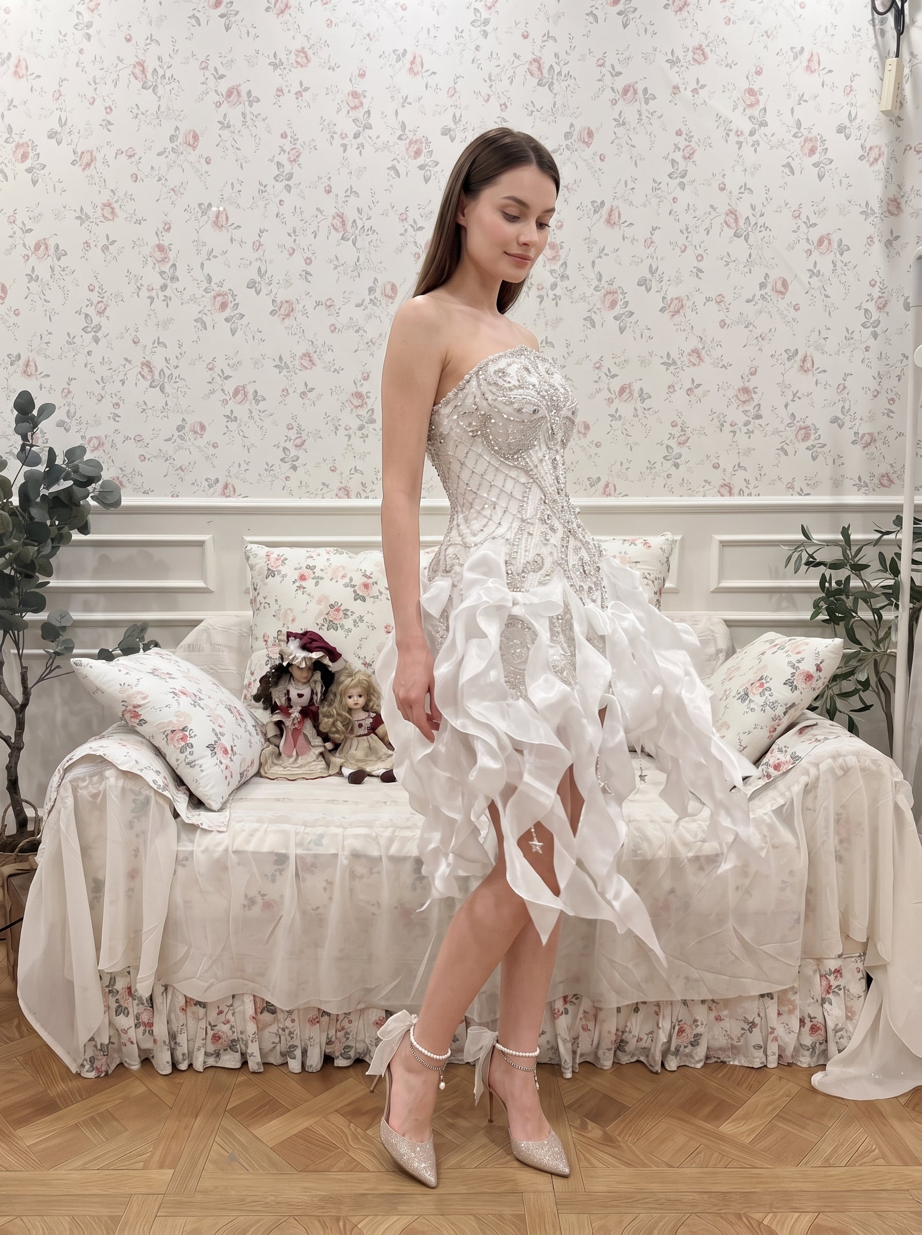 White Satin and Tulle with Heavy Beading A-Line Strapless Short Dress