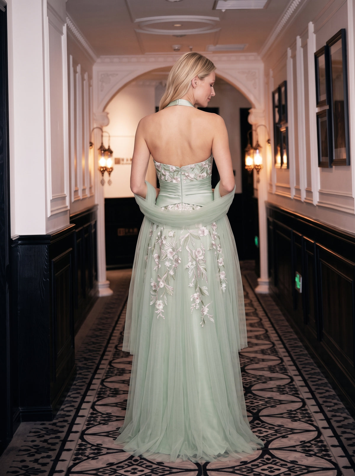 Sage Green Tulle Halter Neck Gown with Floral Embroidery & High Slit