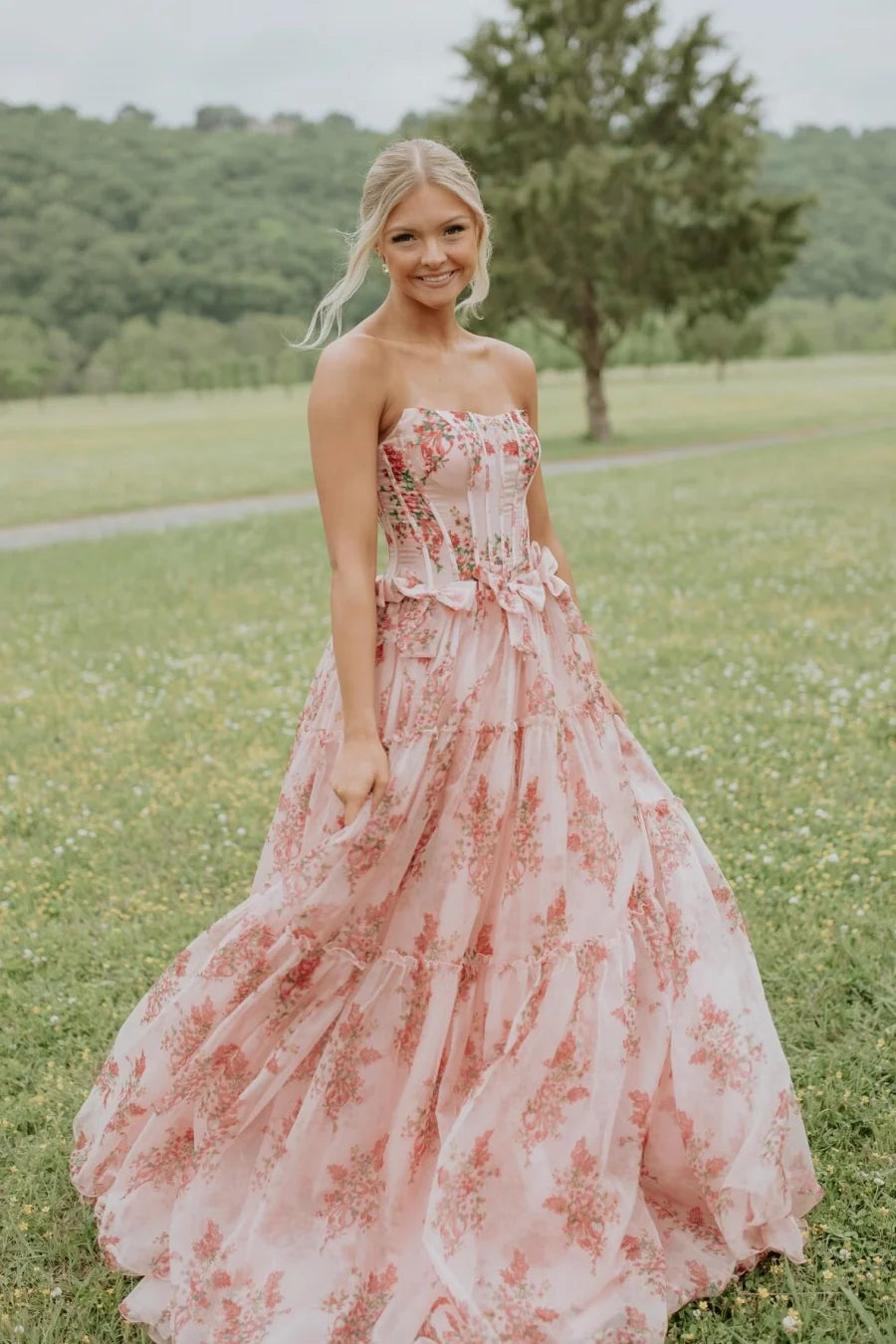 Floral Pink Chiffon A-line Straight Strapless Lace-up Back Long Prom Dress