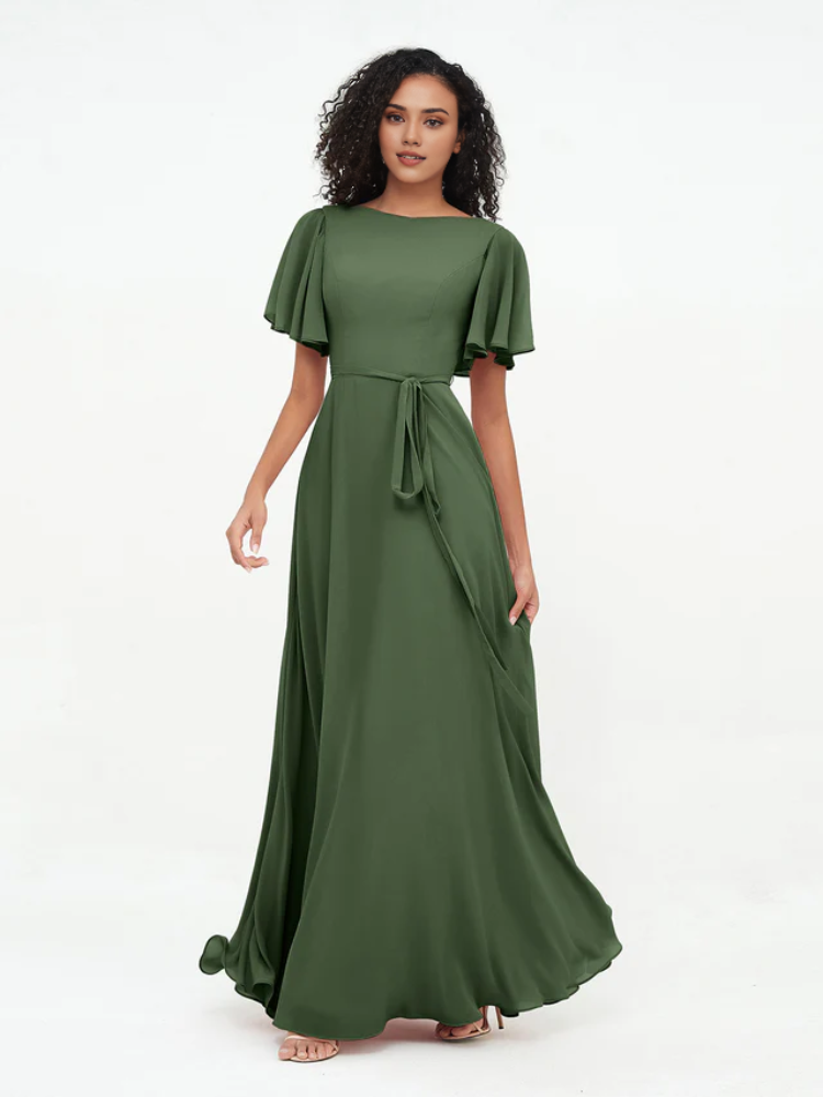 Olive Green A-Line Floor-Length Bridesmaid Dress with Flutter Sleeves & Boat Neckline | Jimiss