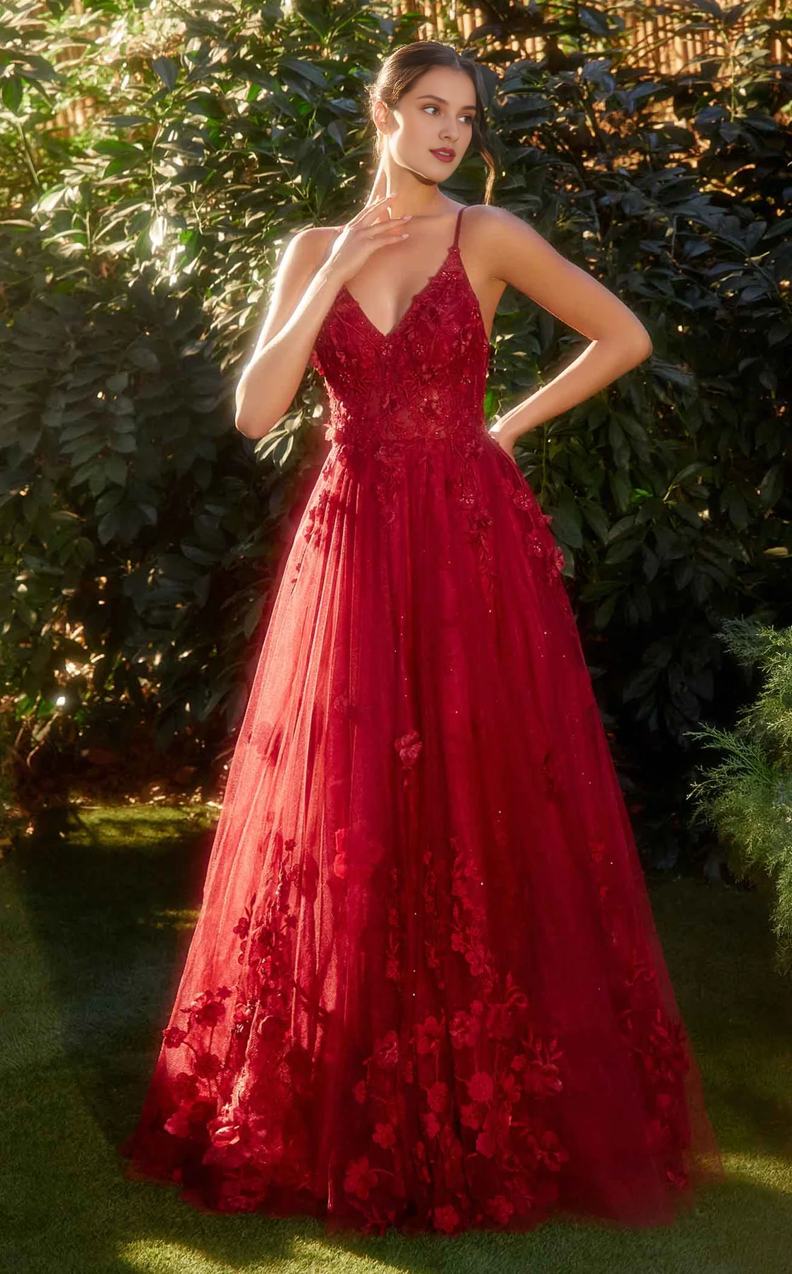 A-line 3D floral decal chiffon thin shoulder strap Prom dress