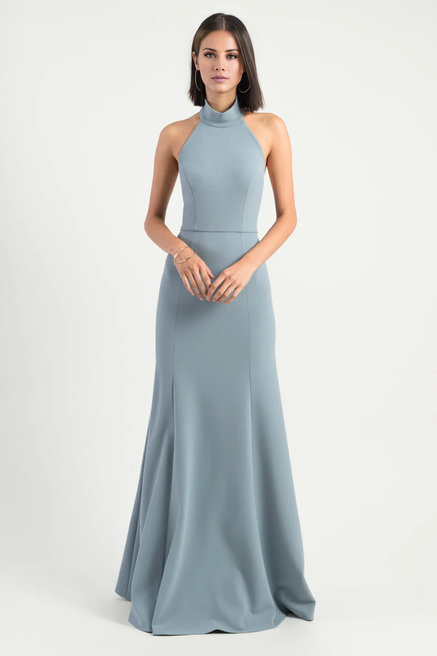 Vestido de fiesta Jimiss con escote halter, hombros descubiertos, sin mangas, espalda descubierta y largo hasta el suelo