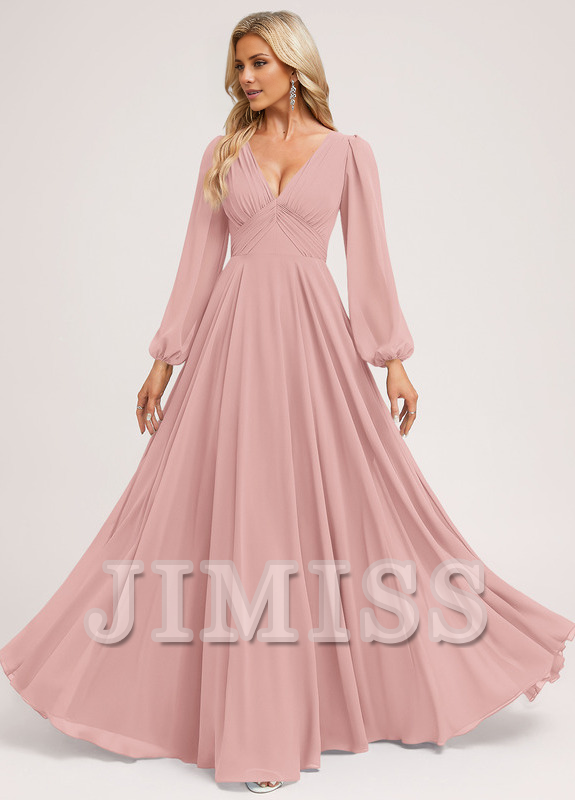 Abito da damigella d'onore in chiffon lungo fino al pavimento, con scollo a V e linea ad A