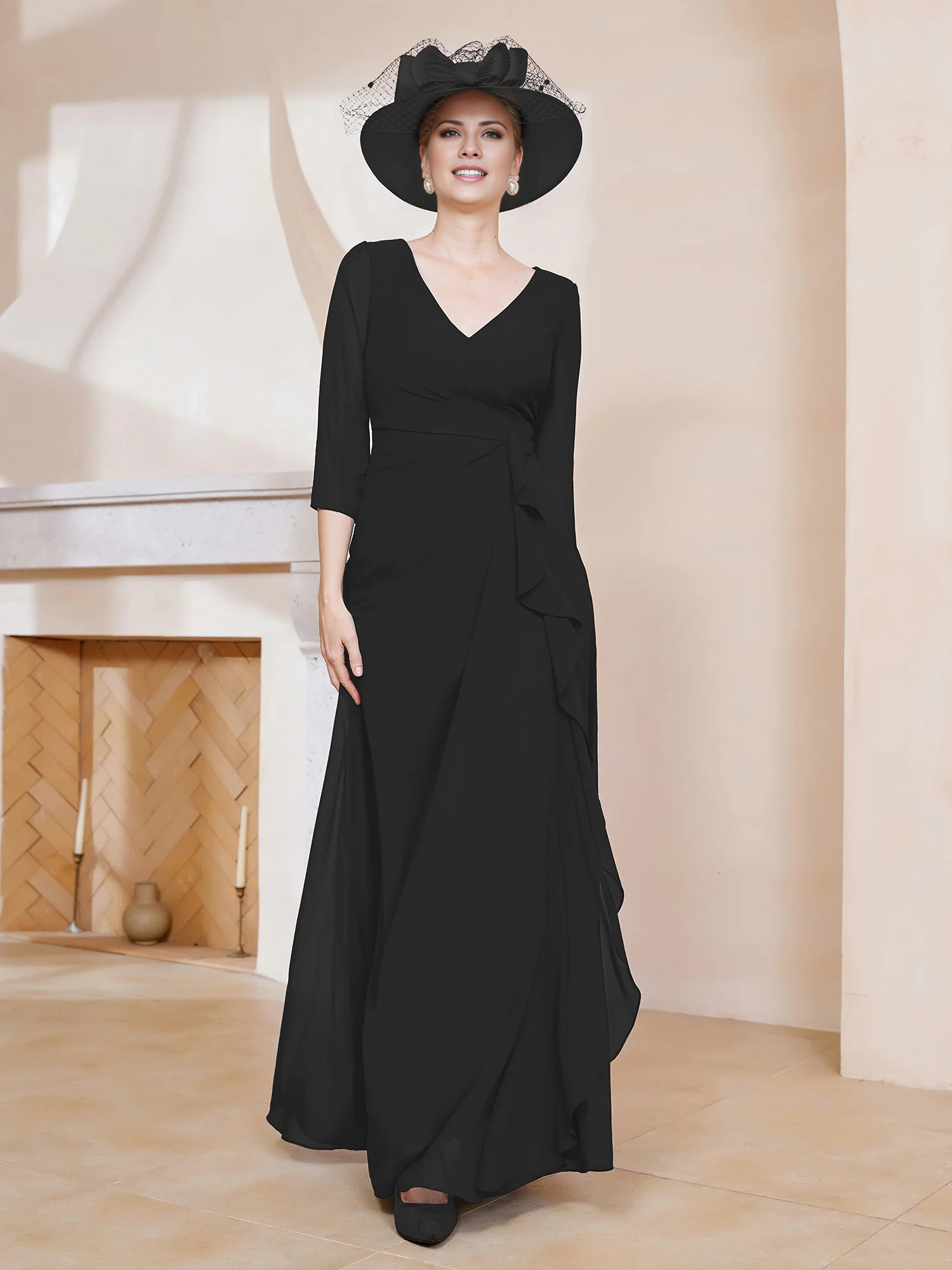 Navy Blue Chiffon A-Line V-Neck Floor-Length Evening Dress