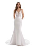 Vestido de novia sexy de sirena con tirantes finos y escote en V, de encaje ultra largo