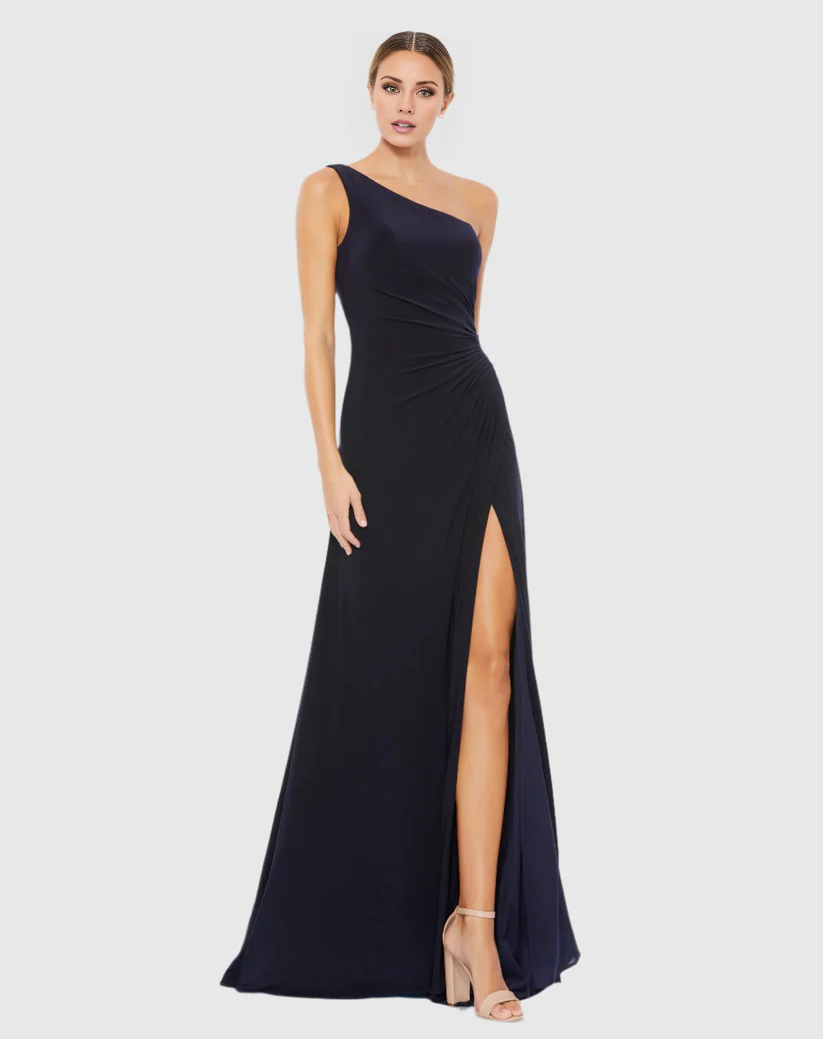 One shoulder neckline sleeveless side slit floor length evening dress
