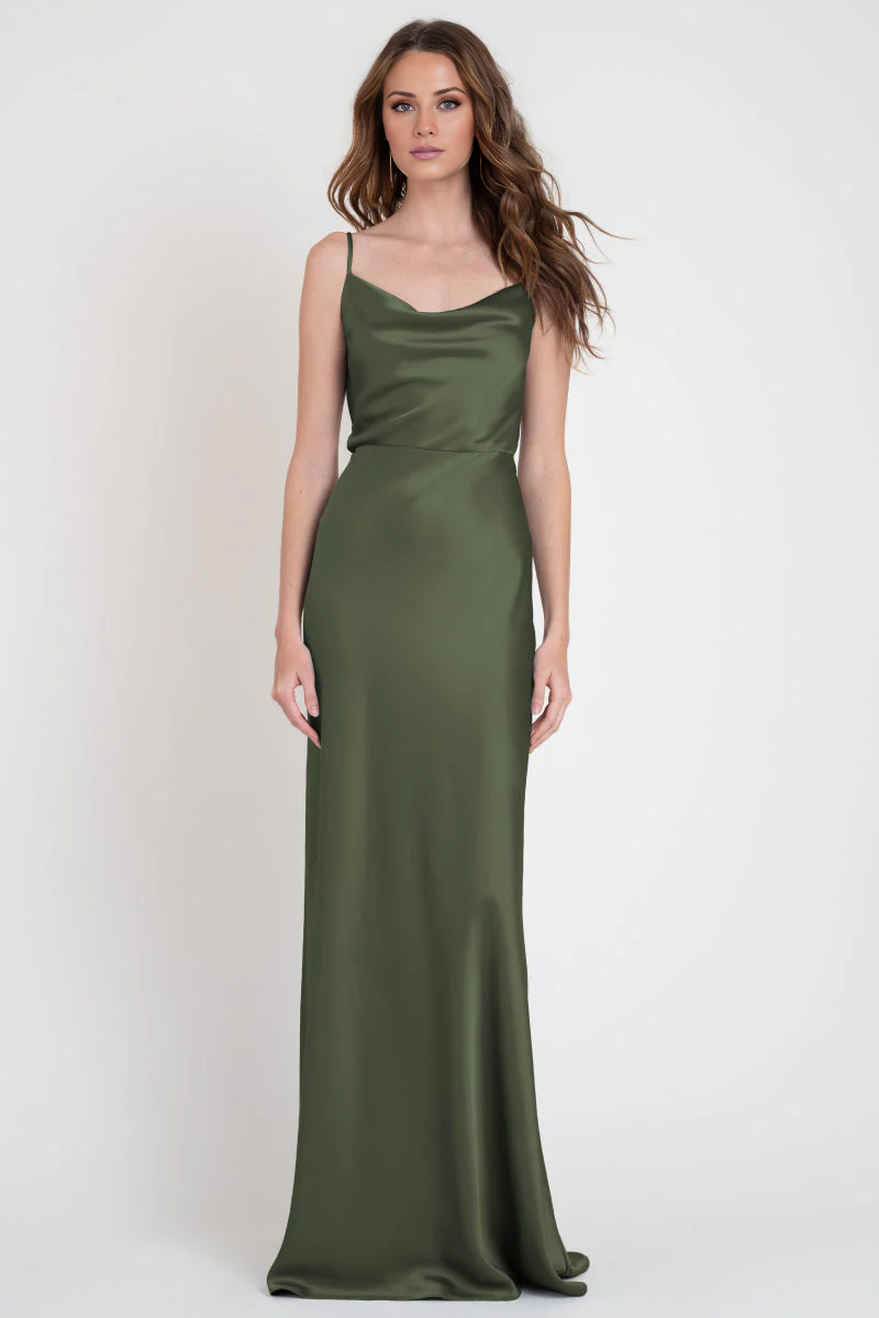 Olive Green Satin A-Line Floor-Length Dress with Cowl Neck & Back Zip