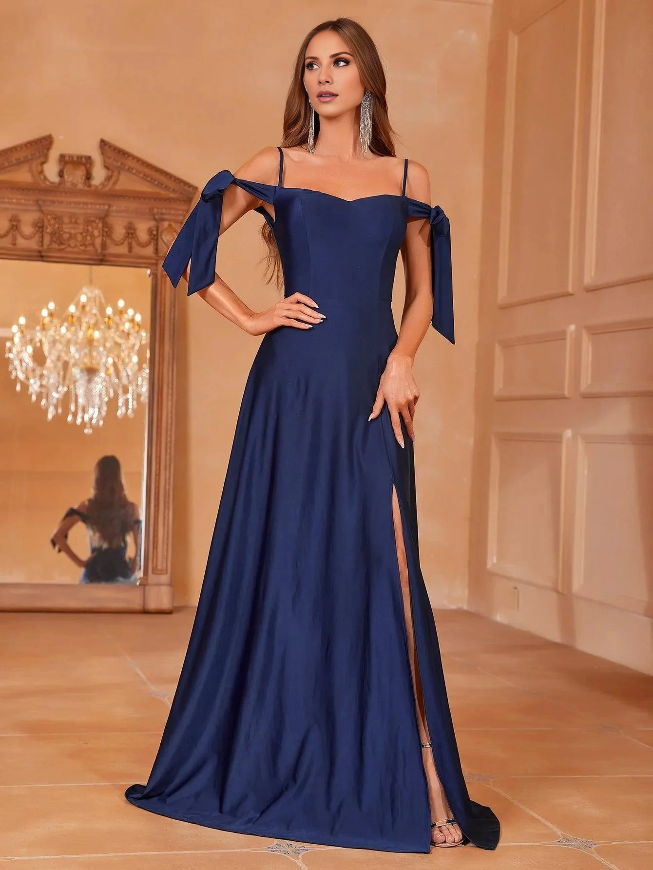 Off shoulder thin shoulder strap side slit and floor length formal dress