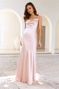 Blushing Pink Satin Cowl Neck Sheath/column Floor-Length Bridesmaid Dress with Low Back