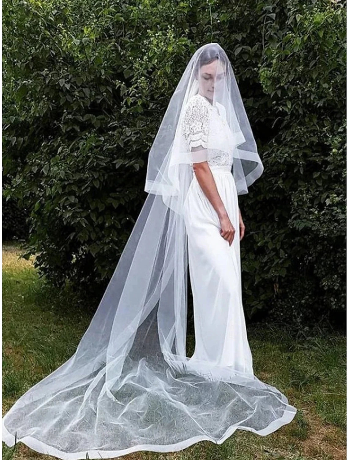 Jimiss - Vestido de novia contemporáneo/de moda de una sola capa con velo catedral y gasa con borlas