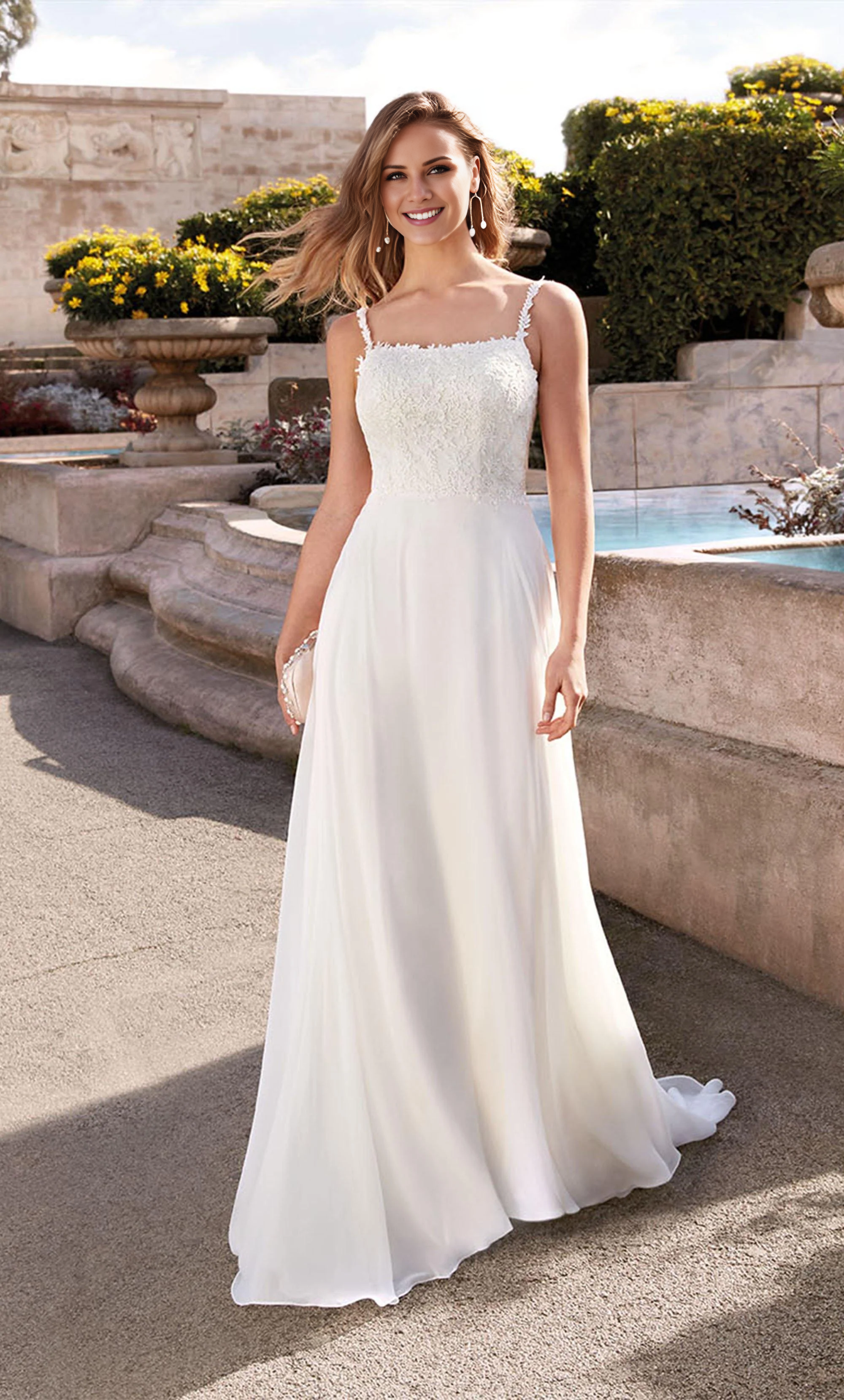 Cuello cuadrado de encaje de gasa con lazo en la espalda para vestido de novia