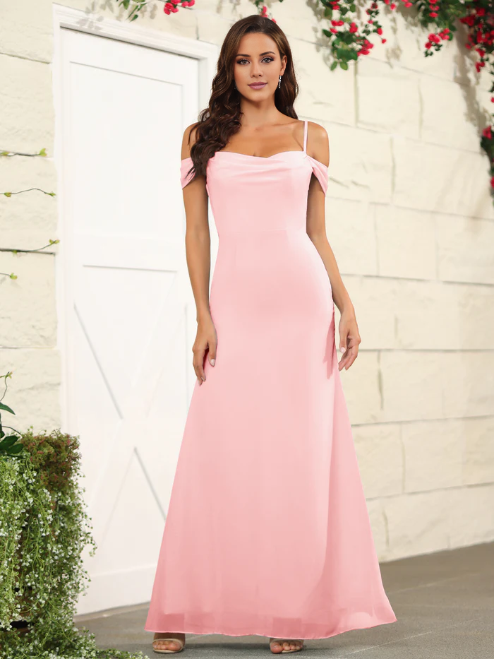 Split off shoulder thin shoulder strap chiffon and floor length bridesmaid dress