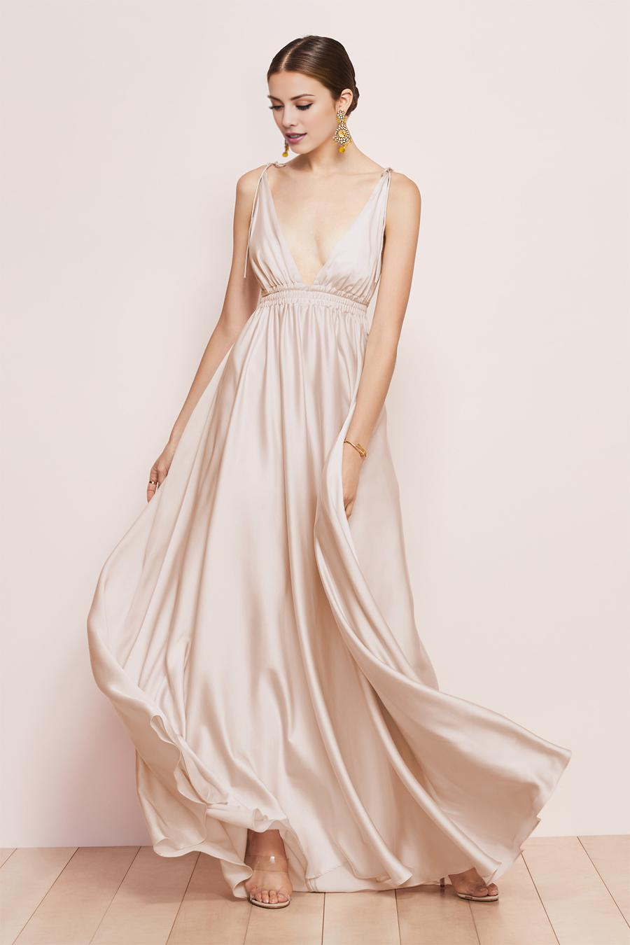 Blushing Pink Satin A-Line Floor-Length V-Neck Bridesmaid Dress