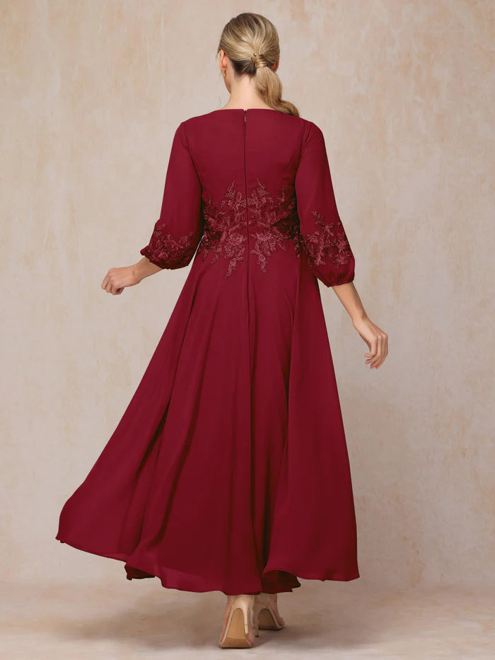 Burgundy Chiffon A-Line V-Neck Tea-Length Dress with Embroidered Bodice and Bishop Sleeves