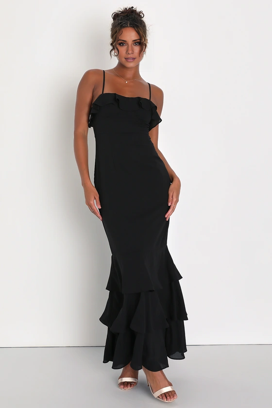 Black Chiffon Mermaid Floor-Length Dress with Straight Neck & Backless