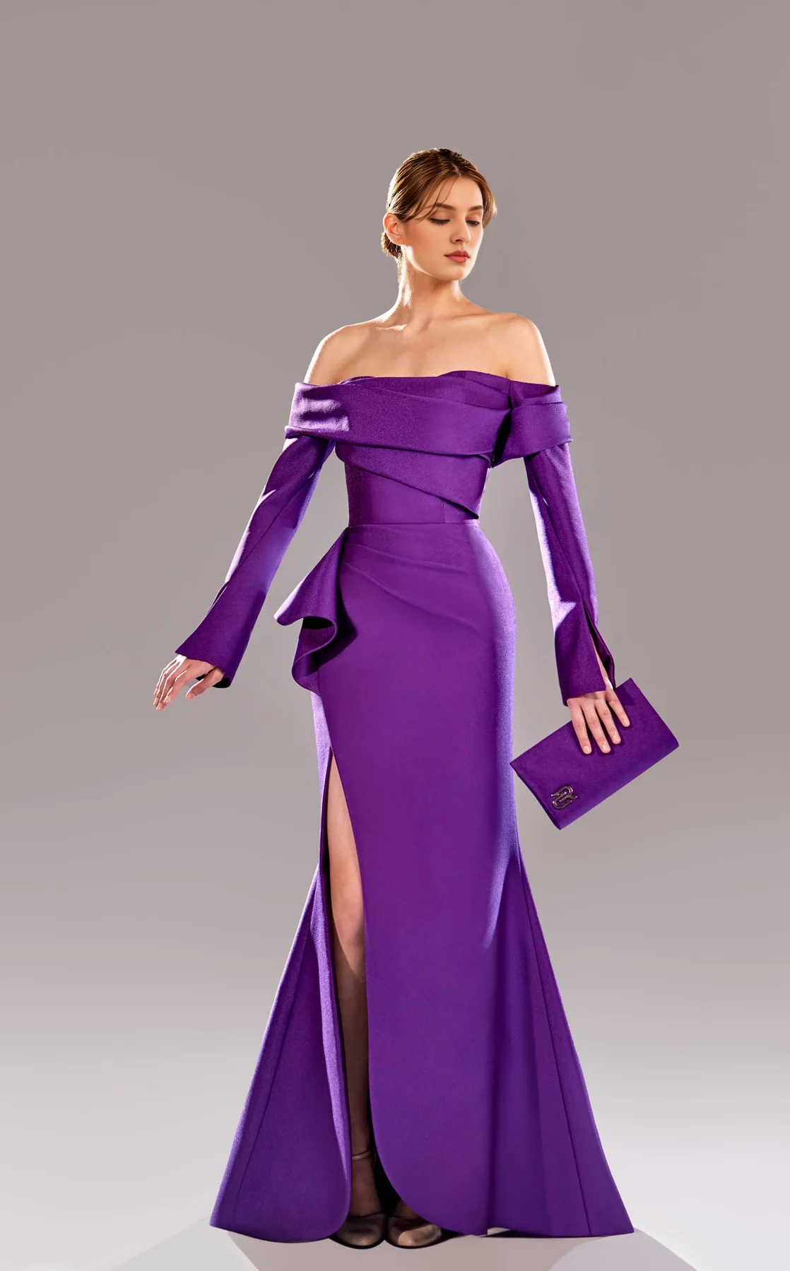 Off shoulder collar long sleeved satin mermaid side slit and floor length Prom dress