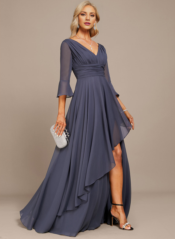 Stormy Chiffon A-Line Asymmetrical Bridesmaid Dress with V-Neck and Pleated Bodice