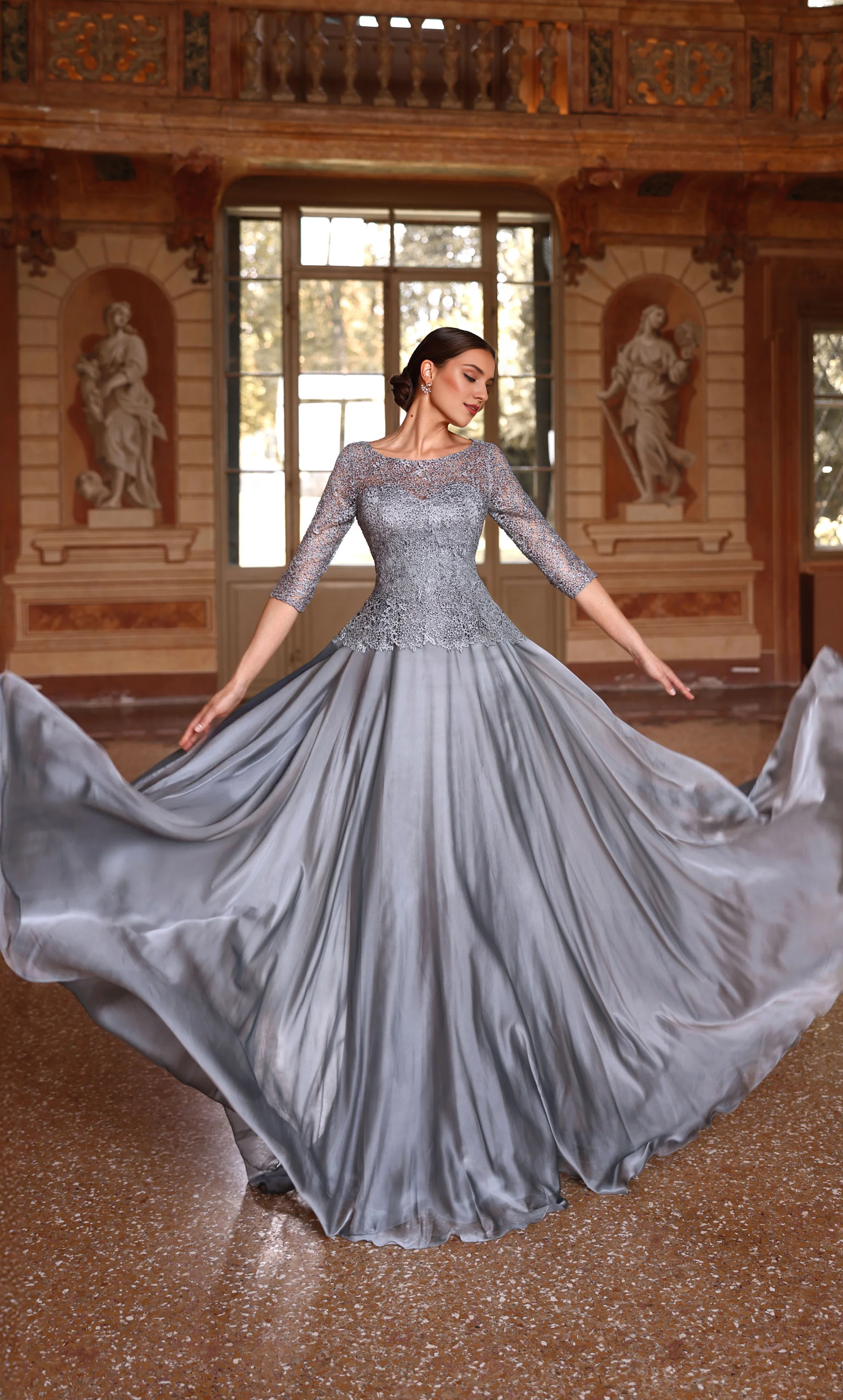 Slate Blue Lace & Satin Boat Neck A-Line Floor-Length Evening Dress for Prom & Wedding Guests