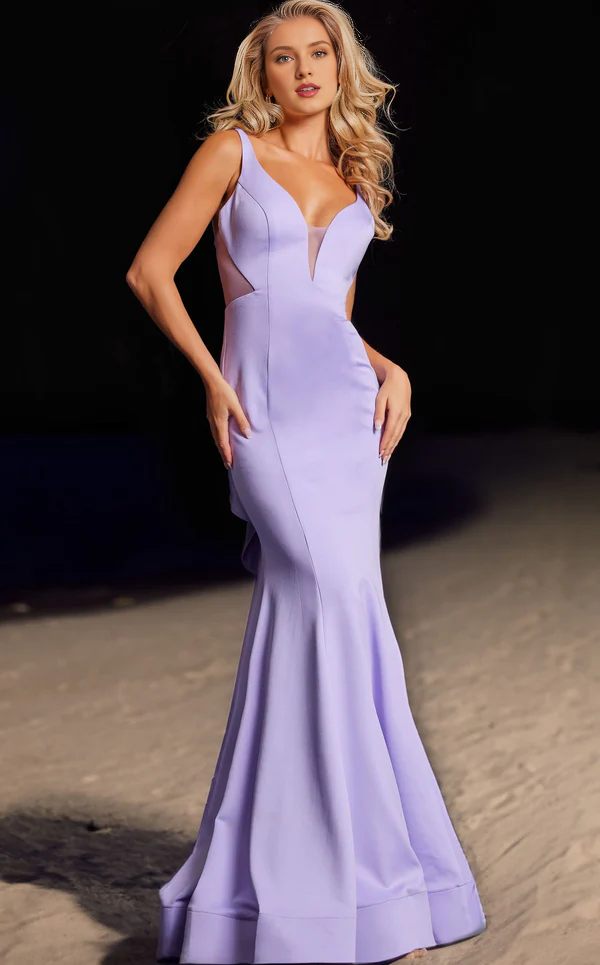 Deep V-mesh collar sleeveless ruffled mermaid and floor length Prom dress