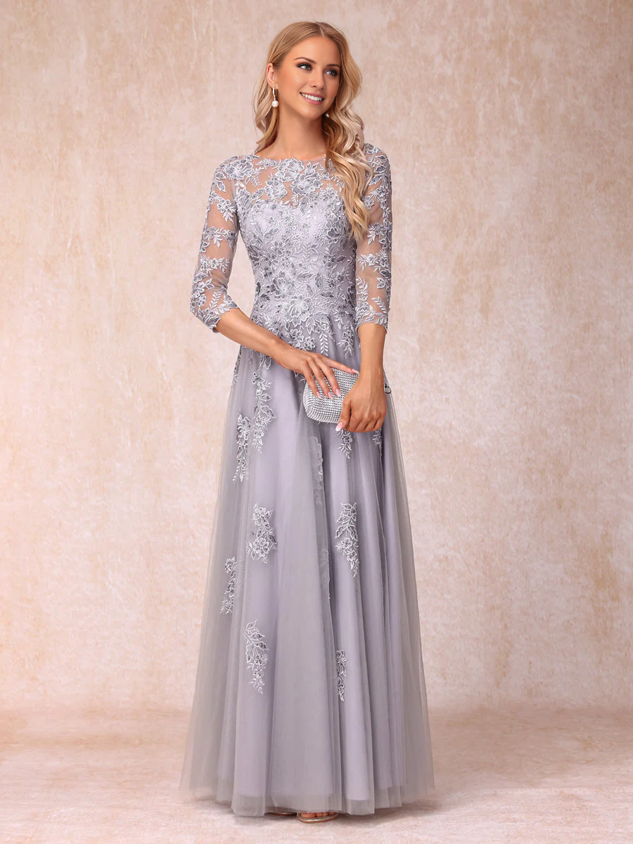 Silver Lace A-Line Floor-Length Evening Dress with Boat Neck & Back Zip