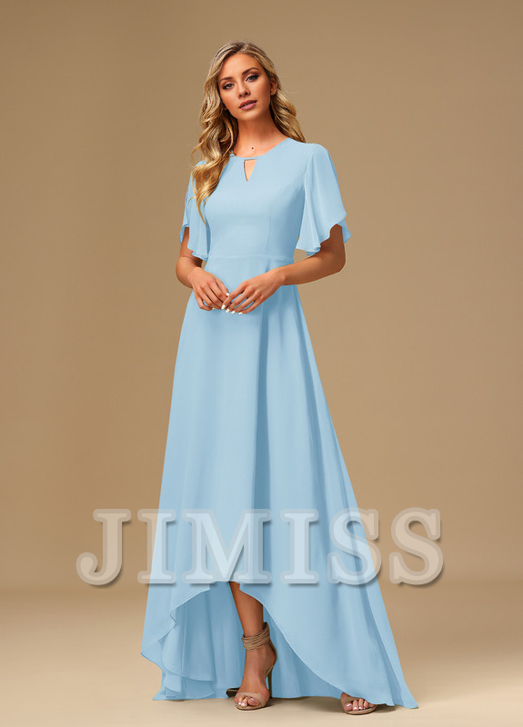 Vestido de dama de honor asimétrico de gasa con escote barco y volantes en forma de A