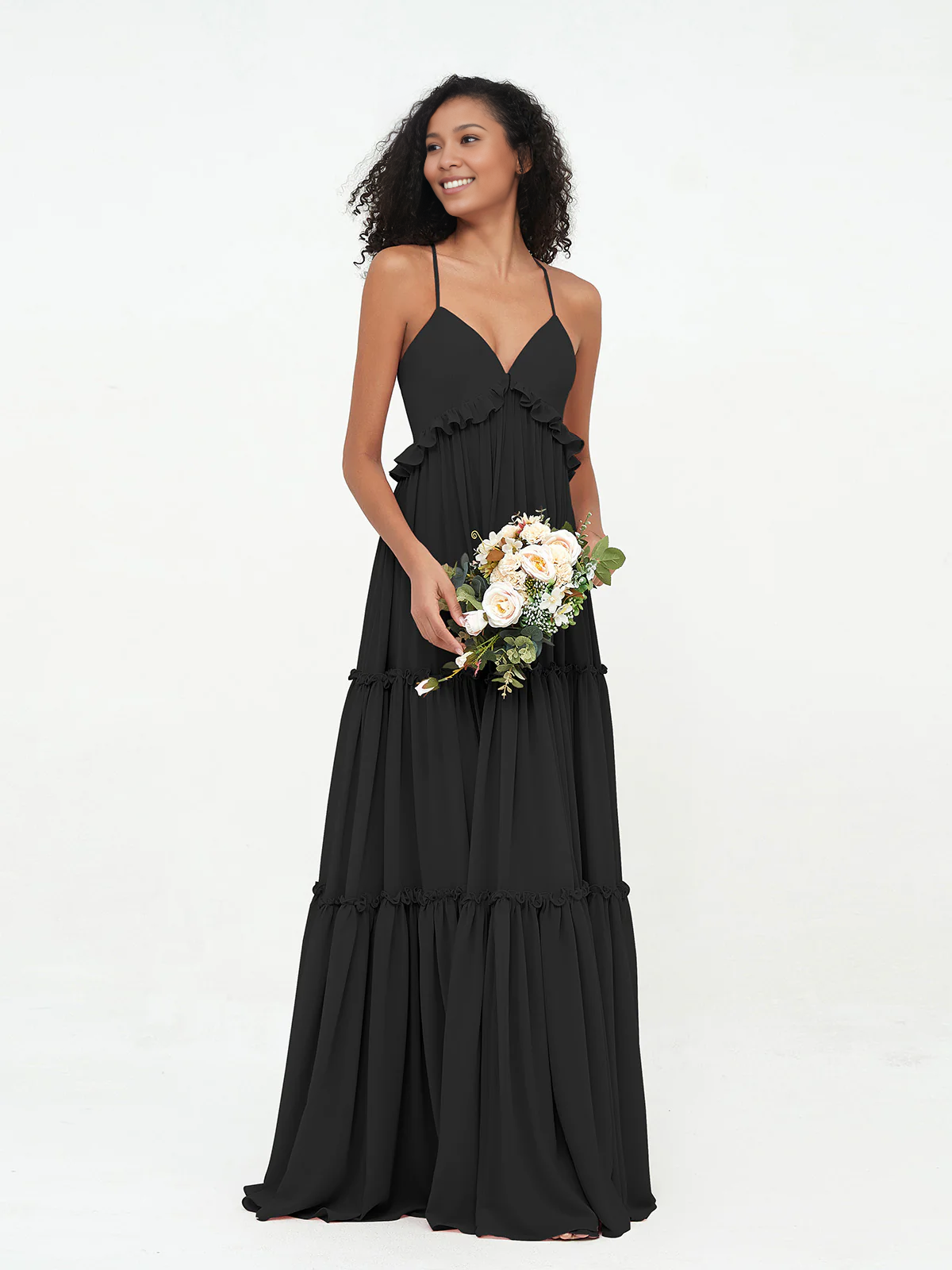 Sage Green Chiffon Tiered Floor-Length Dress with V-Neck and Ruffle Trim