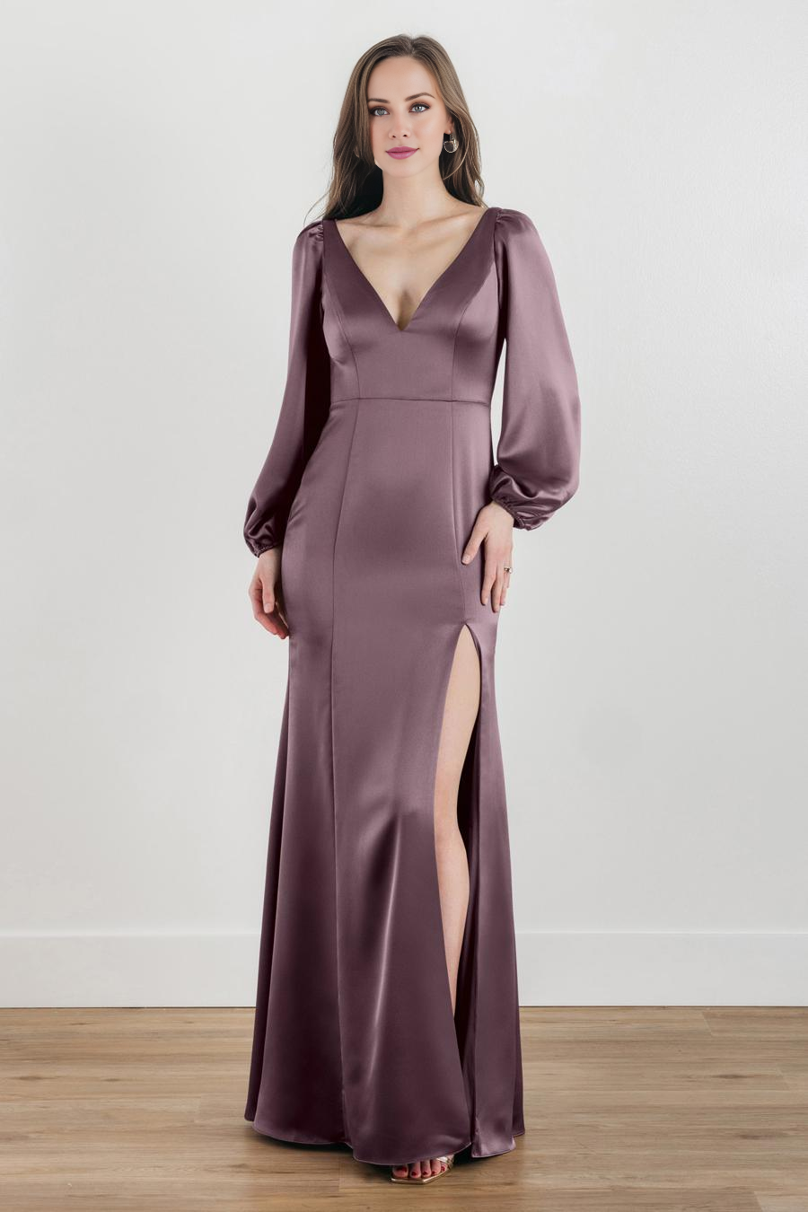 Vestido de noche Jimiss con escote en V, manga larga, espalda descubierta, abertura lateral y largo hasta el suelo