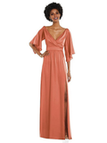 Vestido de fiesta Jimiss con escote en V, hombros descubiertos, manga larga, espalda descubierta, abertura lateral y largo hasta el suelo