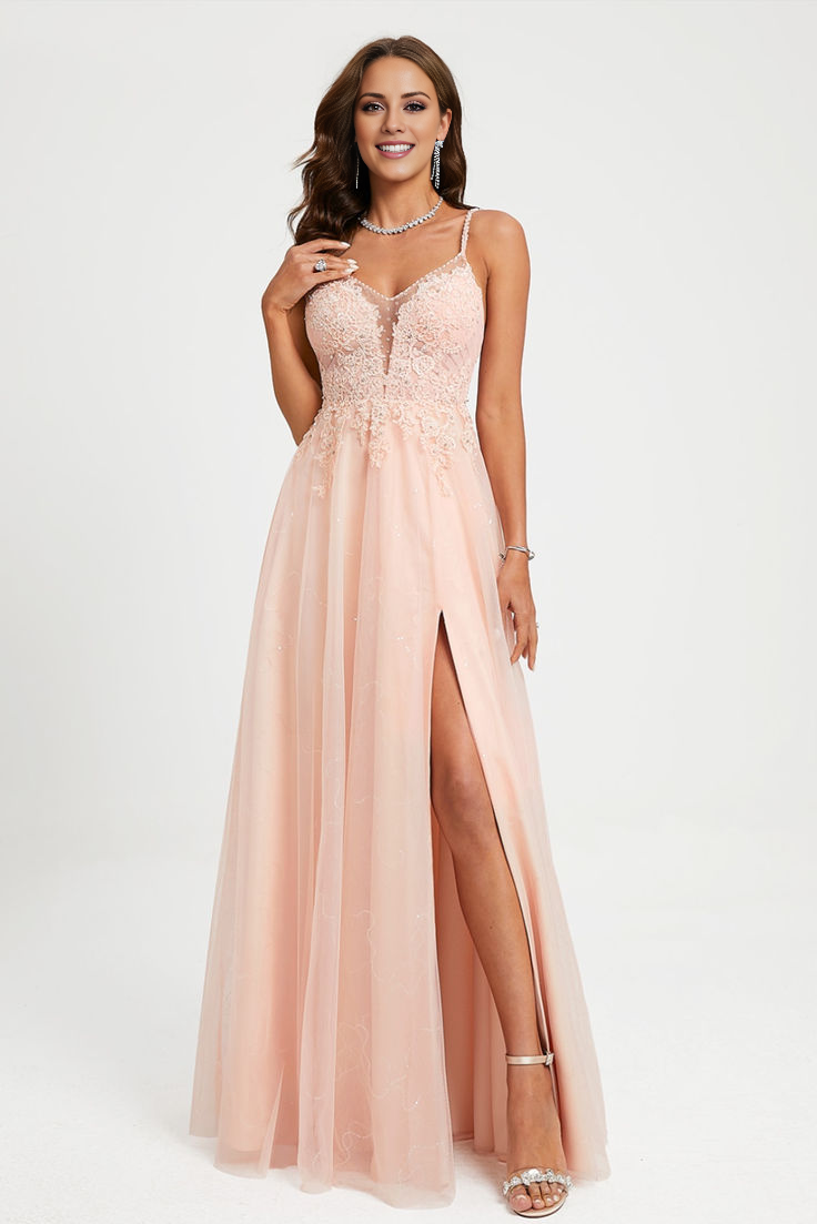 Blushing Pink Lace & Tulle A-Line Floor-Length Gown with V-Neck and High Slit