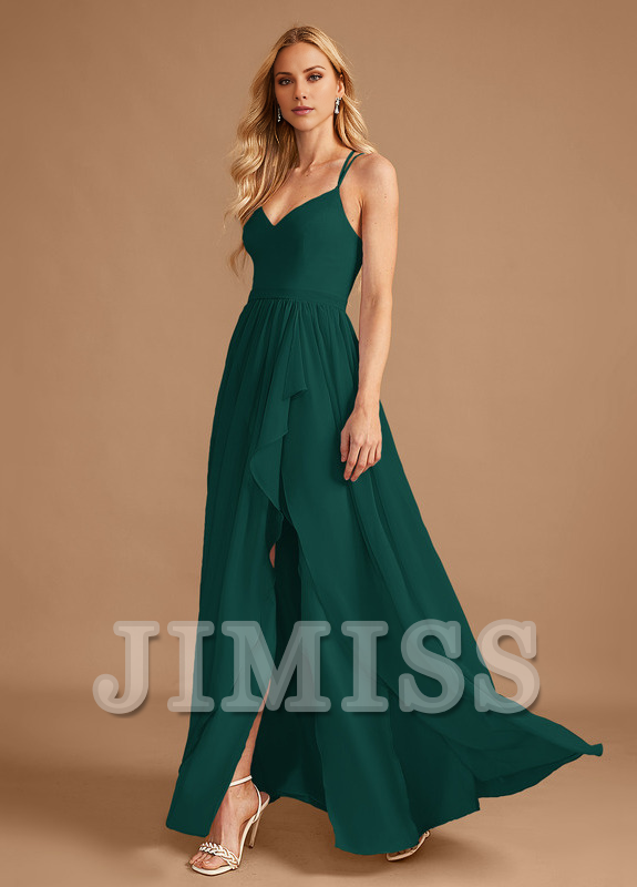 Vestido de dama de honor de gasa con volantes asimétricos y escote en V en forma de A