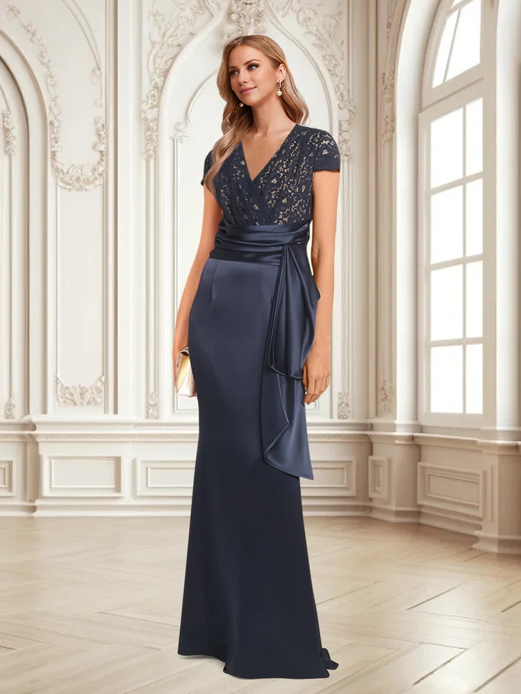 Dark Navy V-Neck Lace & Satin Sheath/column Floor-Length Evening Dress