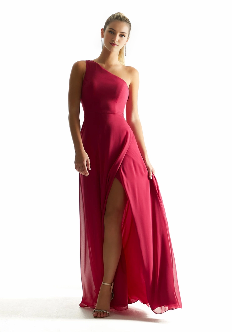 Abito da damigella d'onore a trapezio con spalla singola, scollo a V, plissettato in chiffon e schiena scoperta