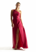 Vestido de dama de honor de gasa con cuello de un solo hombro, plisado, con bufanda y espalda descubierta