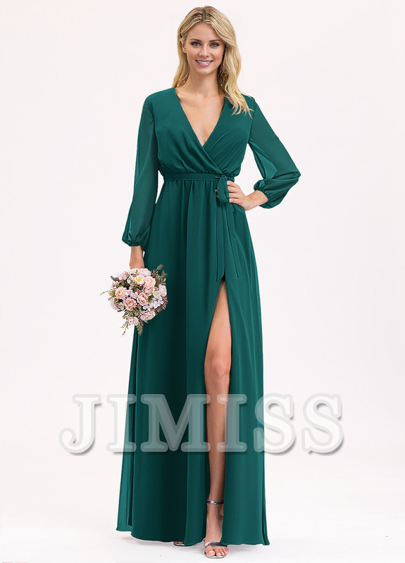 Abito da damigella d'onore in chiffon con scollo a V, lunghezza al pavimento, plissettato e fiocco