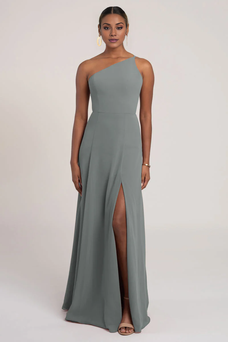 Dusty Sage Chiffon A-Line Floor-Length Dress with One Shoulder Neckline + Back Zip