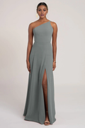 Dusty Sage Chiffon A-Line Floor-Length Dress with One Shoulder Neckline + Back Zip