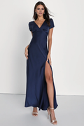 Vestido de noche Jimiss con escote en V, manga corta, espalda descubierta, abertura lateral y largo hasta el suelo