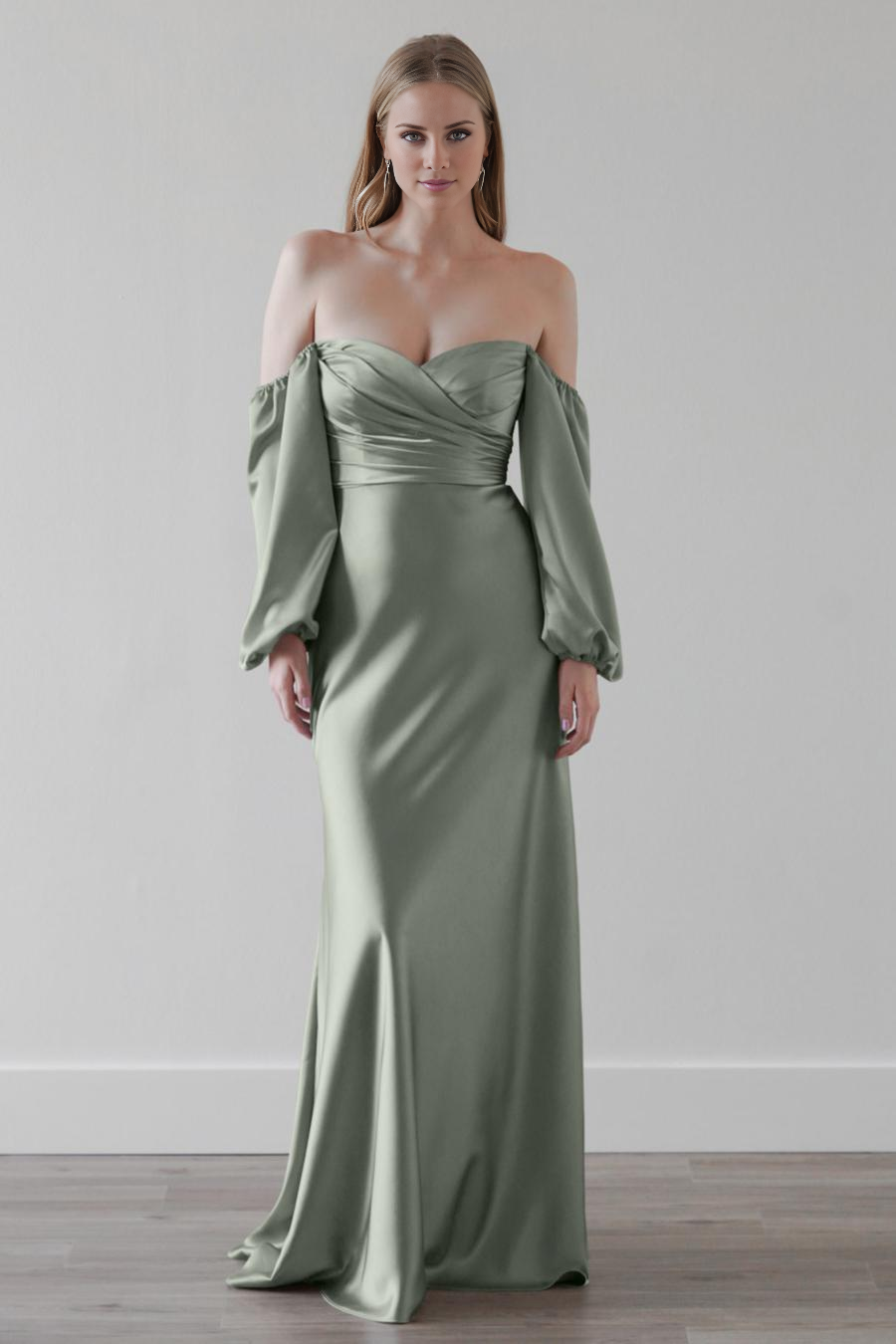 Jimiss off shoulder collar strapless long sleeved backless and floor length evening dress
