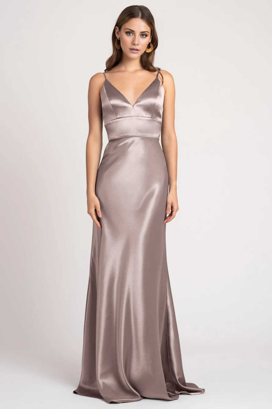 Grey Satin A-Line Floor-Length Bridesmaid Dress with V-Neck and Spaghetti Straps