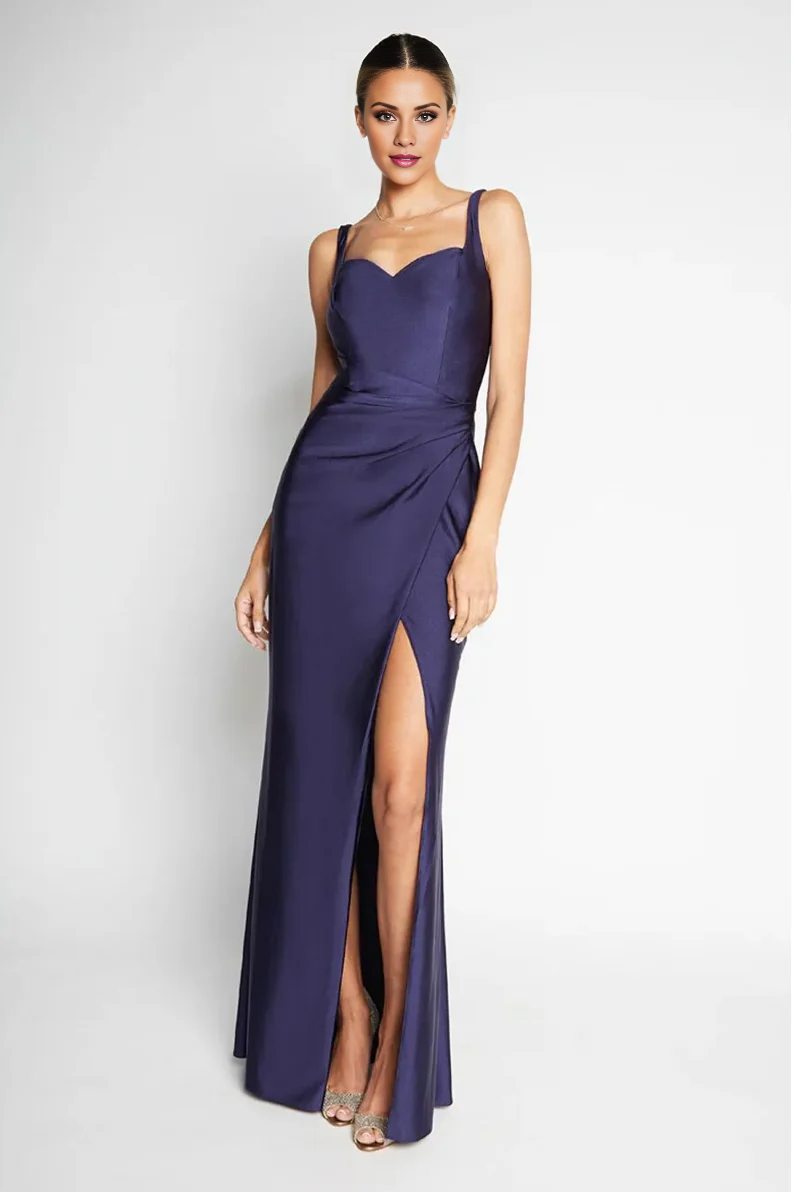 Vestido de noche Jimiss con escote corazón, hombros descubiertos, sin mangas, espalda descubierta, abertura lateral y largo hasta el suelo