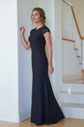 Black Crepe Sheath/column Floor-Length Dress with Beaded Cap Sleeves