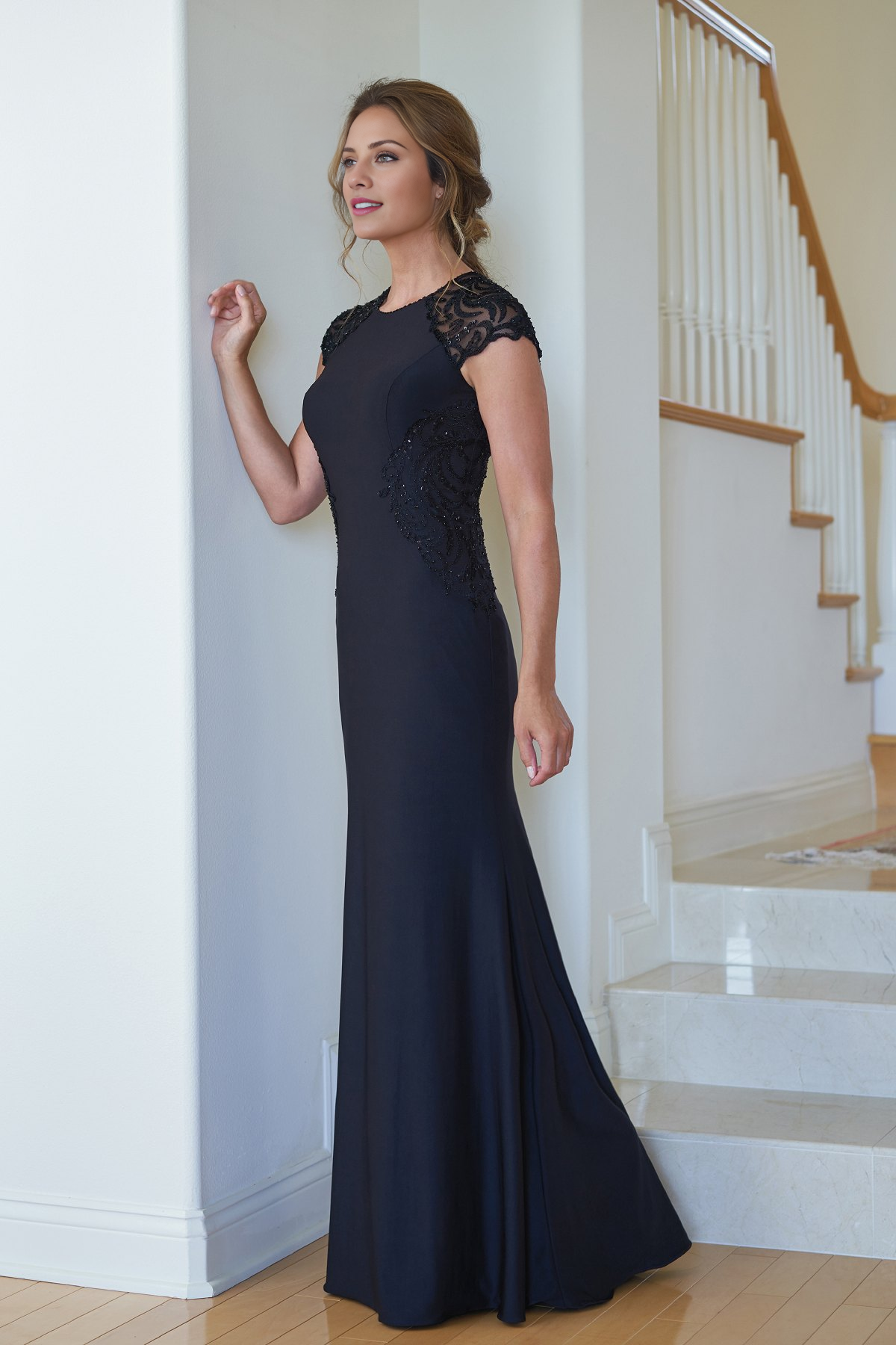 Black Crepe Sheath/column Floor-Length Dress with Beaded Cap Sleeves
