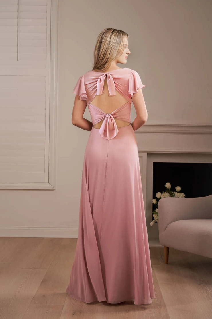 Vestido de dama de honor de gasa de poliéster con corte A, cuello barco colgante y abertura frontal